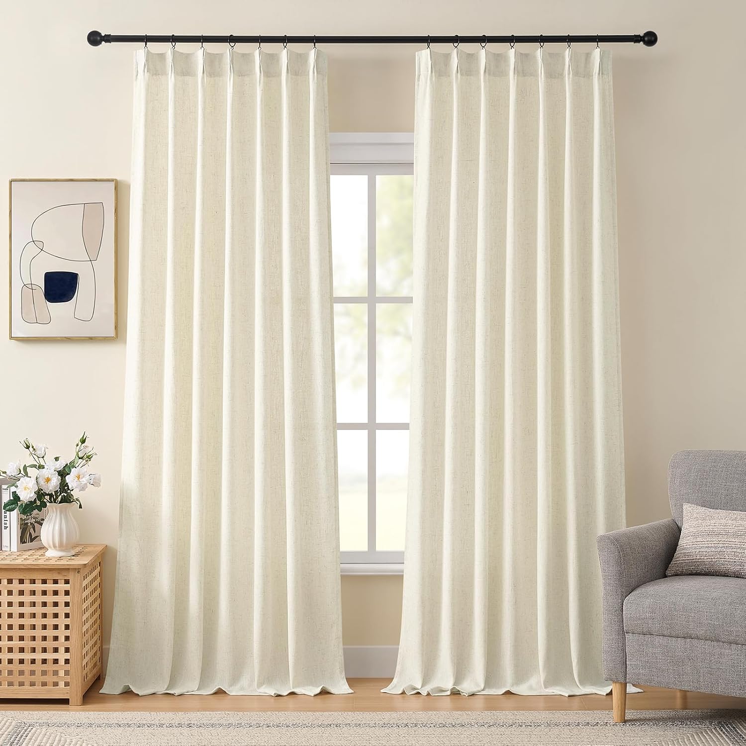 Natural Linen Pinch Pleated Curtains 102 Inches Long for Living Room