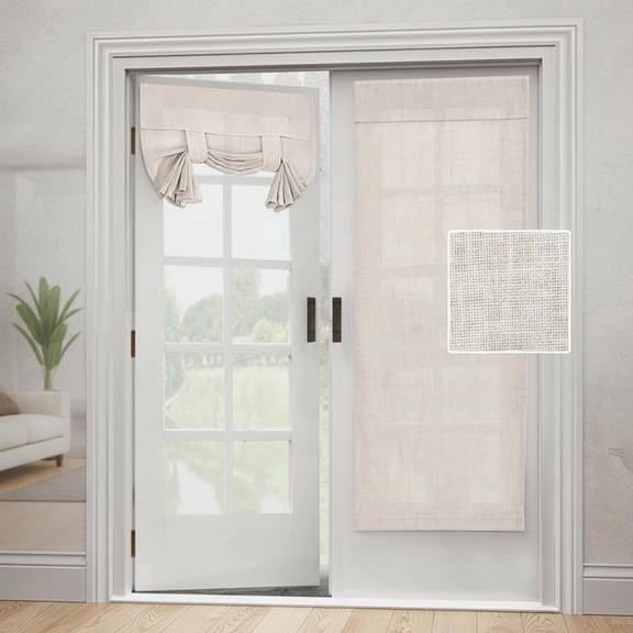 Natural Linen Semi Sheer French Door Curtains Light Filtering Privacy Boho Window Drapes Panel Self Adhesive Door Blinds Tie Up Shade for Bedroom Living Room, Natural