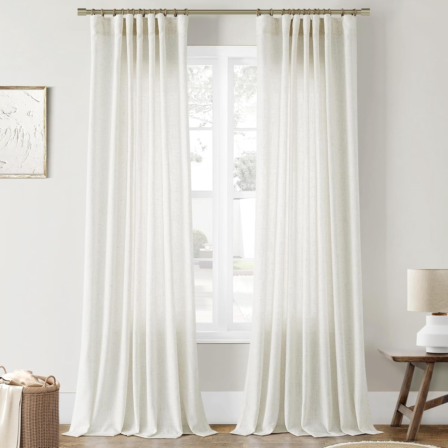 Natural Linen Sheer Curtains for Living Room Bedroom Hook Belt Back Tab Pinch Pleated Light Filtering Ivory White Neutral Boho Modern Farmhouse Linen Drapes 2 Panels