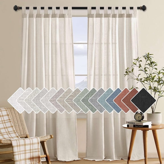 Natural Linen Tab Top Curtains 84 Inch Length for Living Room 2 Panel Drape Semi Sheer Neutral Country Rustic Farmhouse Boho Curtain Bedroom Muslin Look Light Filtering, Heathered Natural