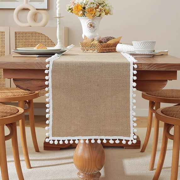 Natural Linen Table Runner with Rustic Woven Texture, Festive Party Decoration and Foyer Cabinet Cover Function, Boho Table Flag for Dining Room Entryway Home Styling