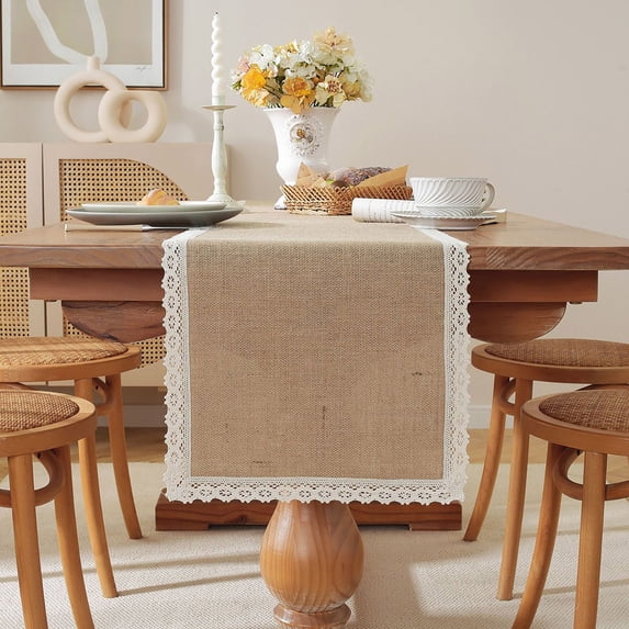 Natural Linen Table Runner with Rustic Woven Texture, Festive Party Decoration and Foyer Cabinet Cover Function, Boho Table Flag for Dining Room Entryway Home Styling