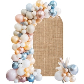 Natural Linen Texture Pattern Wedding Arch Backdrop Cover 5FT ,Spandex Fitted Light Tan Fabric Print Wedding Arch Covers Round Top Chiara Arches Backdrop Stand Cover for Birthday Party Ceremony