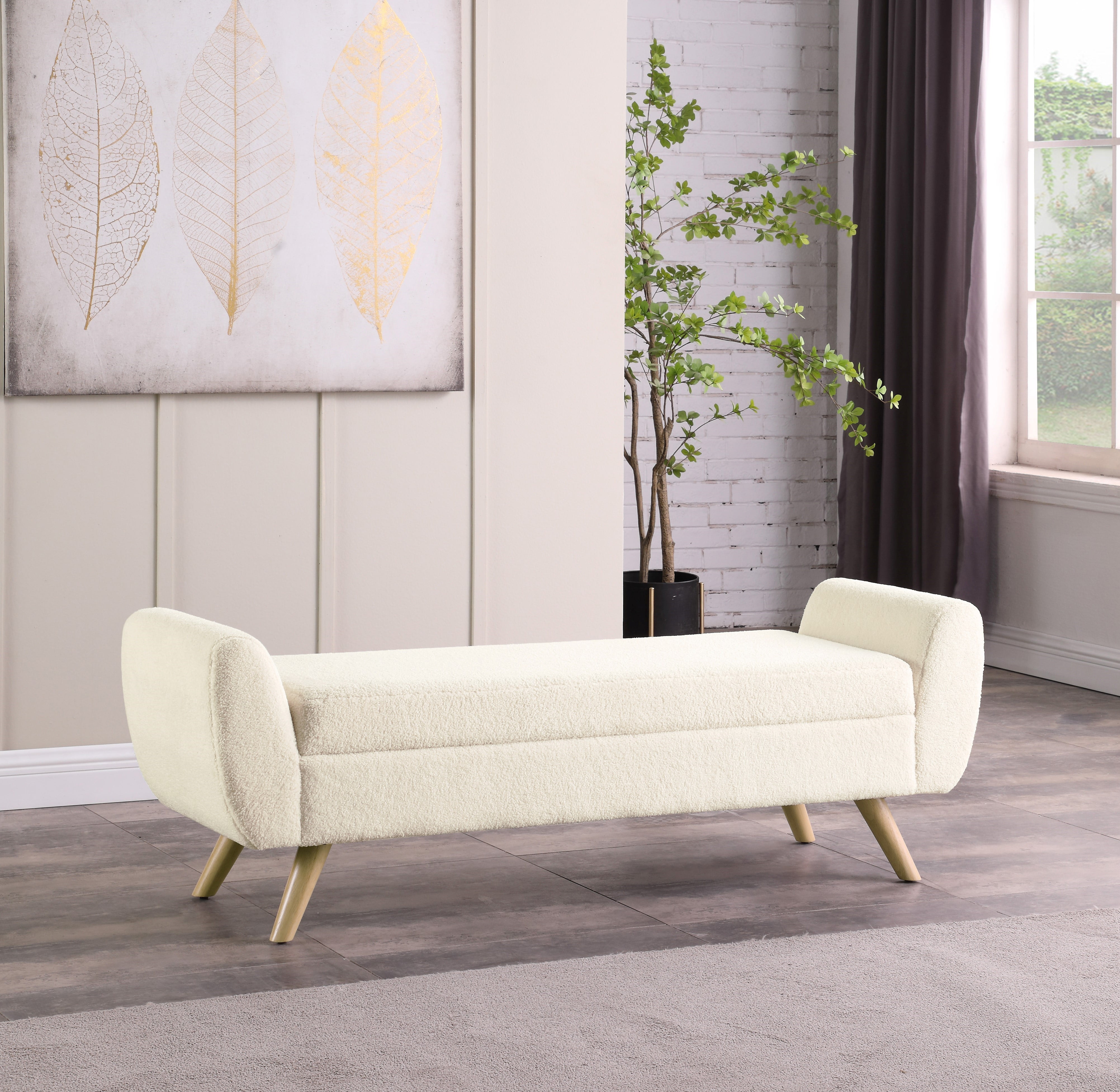 Natural Lines Modern Sherpa Storage Bench with Wood Legs Cream