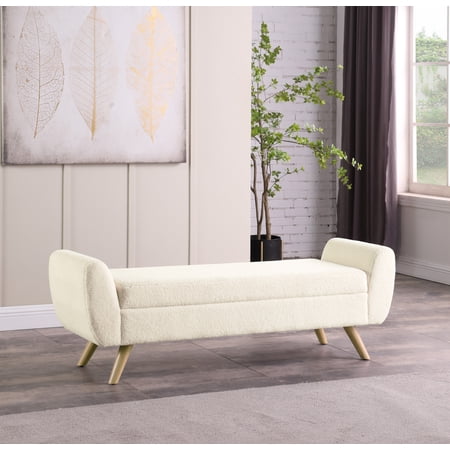 Natural Lines Modern Sherpa Storage Bench with Wood Legs - Cream