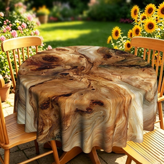Natural Live Edge Burl Wood Grain 2D Print Round Tablecloth, Rustic Farmhouse Style Table Cover for Kitchen Dining, Outdoor Garden Patio Picnics & Small Gatherings, Housewarming Decor