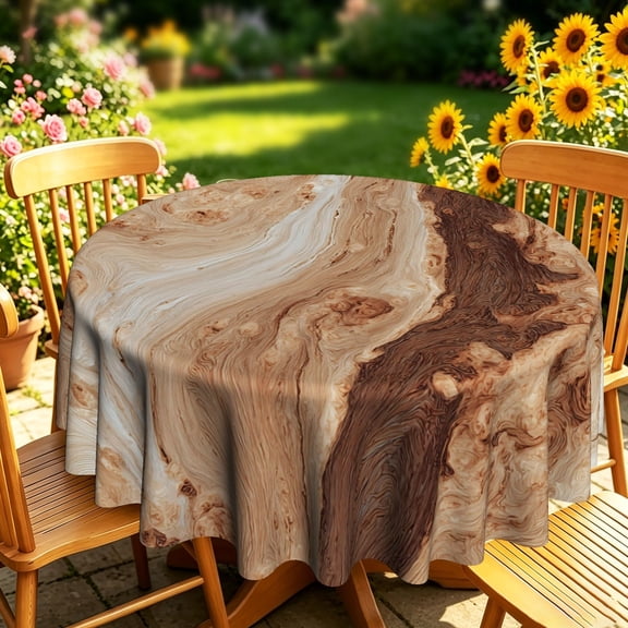 Natural Live Edge Burl Wood Grain 2D Print Round Tablecloth, Rustic Farmhouse Table Cover for Backyard Patio Garden, Indoor Kitchen Dining