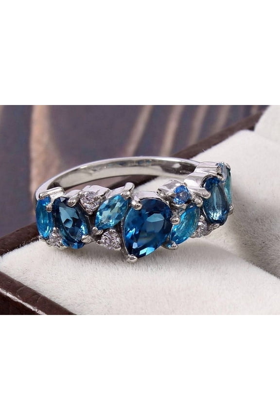 Natural London Blue & Swiss Topaz Ring Topaz Engagement Band Half Eternity Band Topaz Birthstone Ring 925Silver Band Gemstone Band Ring Gift