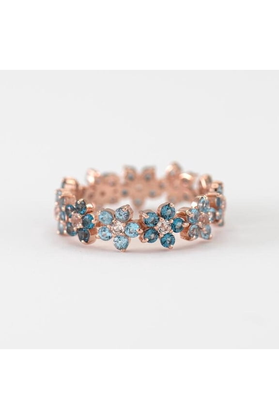 Natural London Blue Topaz 925 Sterling Silver Flower Band, 14Kt Rose Gold Plated Pretty Tiny Full Eternity band, CZ Floral Ring Promise Ring