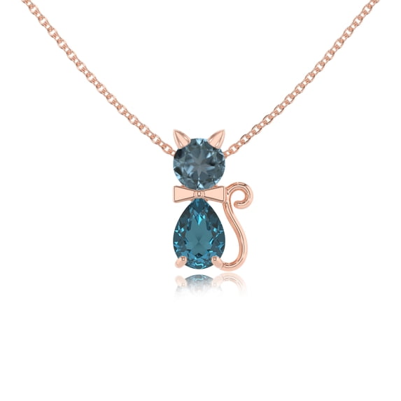 Natural London Blue Topaz Cat Design Pendant Necklaces for Women in 18K Rose Gold Vermeil, December Birthstone Jewelry Gifts for Birthday, Wedding Anniversary, Mothers Day, Valentines