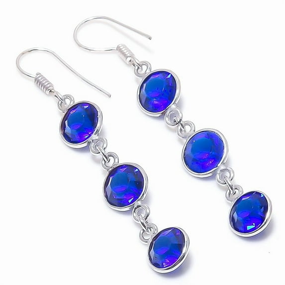 Natural London Blue Topaz Gemstone 925 Sterling Silver Earring 2.32"