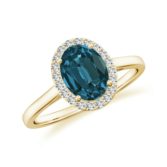 Natural London Blue Topaz Halo Engagement Ring with Moissanite in Yellow Gold Plated/ 925 Sterling Silver| Oval Shaped December Birthstone, Birthday, Anniversary, Wedding Jewelry, Ring Size 5