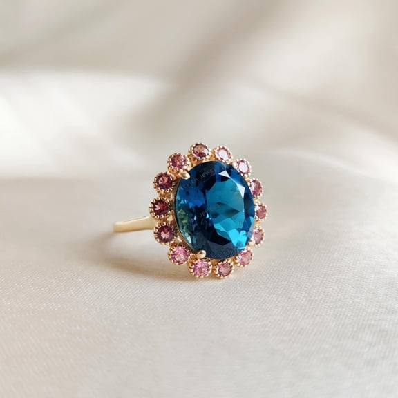 Natural London Blue Topaz & Pink Tourmaline Ring, 14K Solid Yellow Gold London Blue Topaz Ring, December Birthstone Ring, Blue Topaz Jewelry