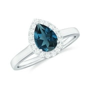 Natural London Blue Topaz Ring with Diamond Halo, Teardrop Engagement Ring, 925 Sterling Silver, US 4.00
