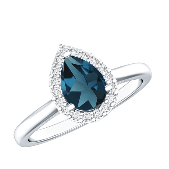 Rosec Jewels London Blue Topaz Teardrop Engagement Ring with Diamond Halo - 0.7 Carat Pear Shaped - AAA Quality - with Jewelry Box, 925 Sterling Silver, US 4.00
