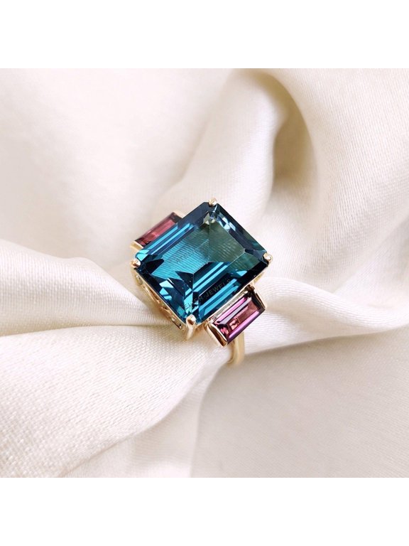 Natural London Blue Topaz & Rubellite Pink Tourmaline Ring, 14K Solid Yellow Gold Ring, Emerald Cut Blue Topaz Ring, December Birthstone