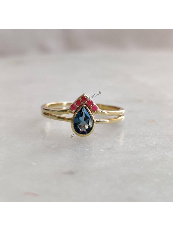 Natural London Blue Topaz & Ruby Ring, 14K Solid Yellow Gold Ring, Dainty Topaz Ring, Stackable Ruby Ring, December July Birthstone