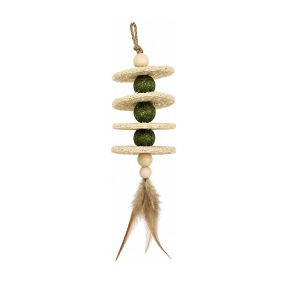 Natural Loofah Catnip Hanging Cat Toy, Interactive Teething Chew Toy with Feather & Wooden Beads for Indoor Kittens