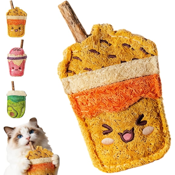 Natural Loofah Chew Cat Toy with Silvervine, Dental Care Teething Mint Ball Sticks for Indoor Cats, Cute Boba Milk Tea Cup Pet Pounce Toy(xxw)