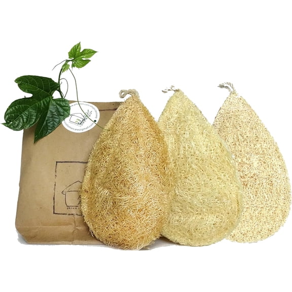 Natural Loofah Dish Sponge Pack 3 Vegetable Scrubber for Kitchen, @ 100% Biodegradable Compostable Dishwashing Scouring Pad, # Zero Waste Plastic Free Eco Friendly Sustainable !