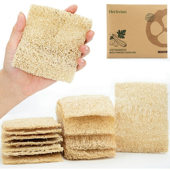 Natural Loofah Dual-Sided Sponge, Plant-Based Non-Scratch Scrubbers, 12 Count