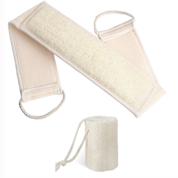 Natural Loofah Exfoliating Back Scrubber for Shower Set - Durable Double Side Scrubbing Strap With Long Handle for Men & Women - Bath Sponge for Acne, Eczema & Dead Cells (2 Pcs)