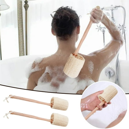 Natural Loofah Exfoliating Body Scrubber Bath Brush with Long Wooden Handle for Deep Cleansing and Skin