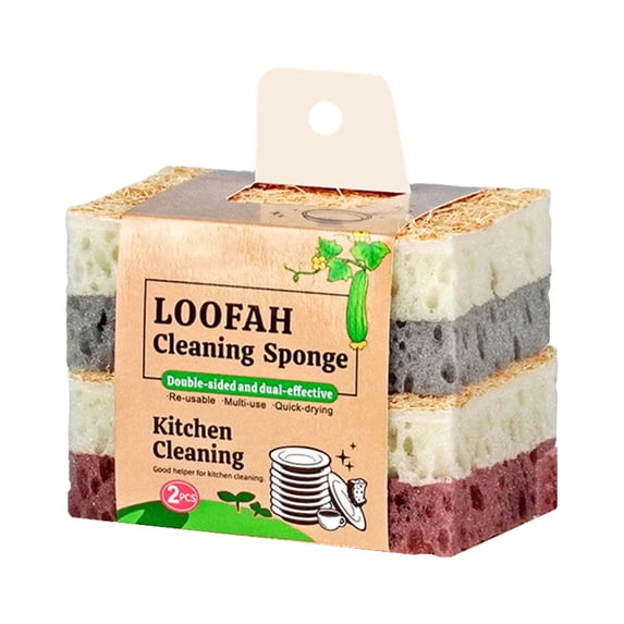 Natural Loofah Kitchen Sponges,Eco Compostable Cellulose Dish Washing Scrubbers,Non-Scratch Plastic-Free Cleaning Sponge Pads for Dishes,Pans,Sink,Cookware & Bathroom (Mixed 2 Pcs)