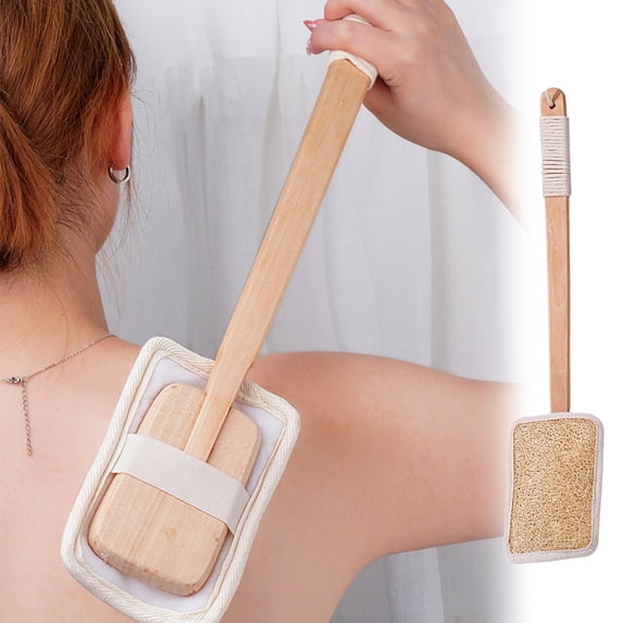 Natural Loofah Shower Brush with Wooden Long Handle | Exfoliating Back Scrubber | Removable Luffa Sponge | Rope Grip | 17.3 Inch | Gentle Body Cleansing | 1 Piece | Khaki/White