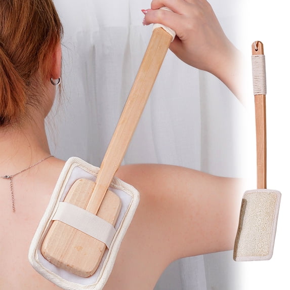 Natural Loofah Shower Brush with Wooden Long Handle | Exfoliating Back Scrubber | Removable Luffa Sponge | Rope Grip | 17.3 Inch | Gentle Body Cleansing | 1 Piece | Khaki/White