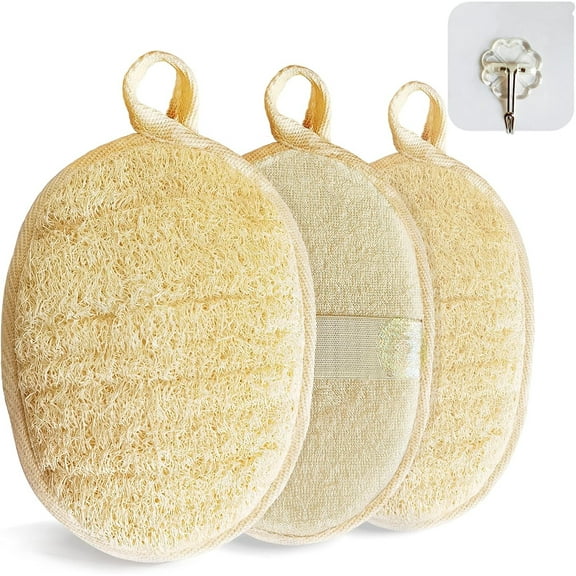 Natural Loofah Sponge Exfoliating Body Scrubber (3 Pack),Made with Eco-Friendly and Biodegradable Shower Luffa Sponge, Loofah for Women and Men, Beige