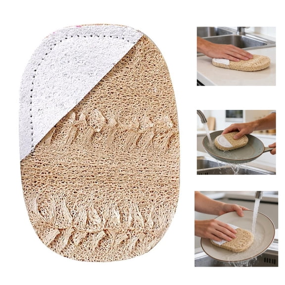Natural Loofah Sponge With Wood Pulp Cottons Layer Dualed Sided Exfoliating Cleaning Pad For Kitchen And Bath Use
