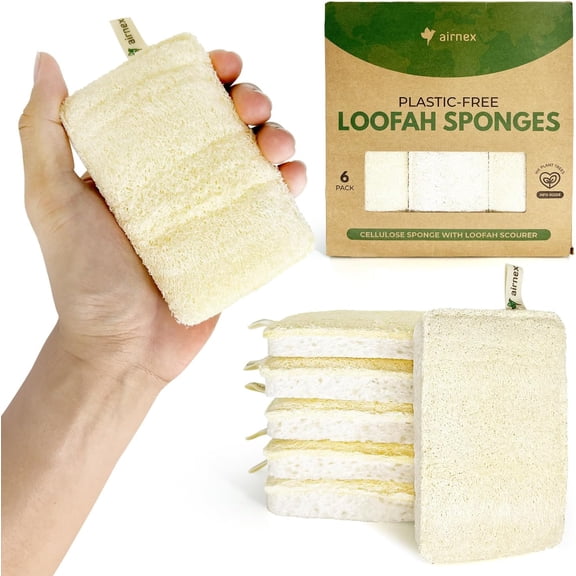 Natural Loofah Sponges for Dishes - Pack of 6 Plastic Free Loofah Kitchen Sponges with Cellulose Core & Cotton Loop - Non Toxic Natural Sponges for Dishes & Kitchen Cleaning