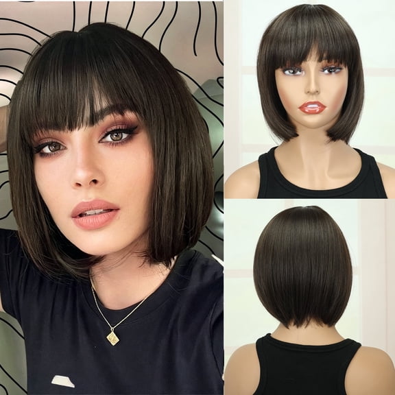 Natural LookDAPRZIY Short Brown Bob Wig with Bangs, Heat Resistant Synthetic Straight Wig for Women, 10 Inch Beginner Friendly Daily Wear, Great Gift for Mom