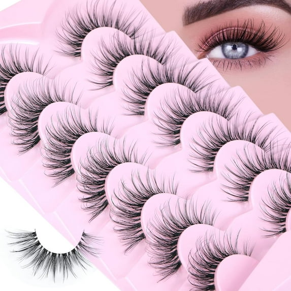 Natural Look False Eyelashes Wispy Fluffy Lashes Mink Long Curly Fake Eyelashes Cat Eye Lashes with Clear Band 7 Pairs Pack