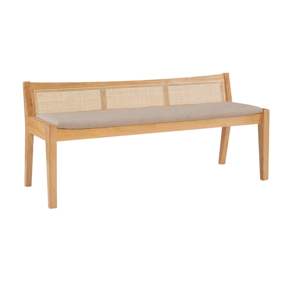 Natural Low Back Cane Bench With Beige Upholstered Seat