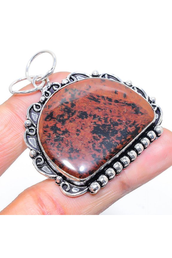 Natural Mahogany Obsidian Gemstone 925 Sterling Silver Pendant 2.09"