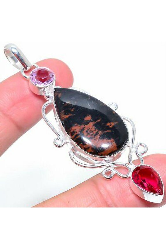 Natural Mahogany Obsidian,Kunzite Stone 925 Sterling Silver Pendant 2.96"