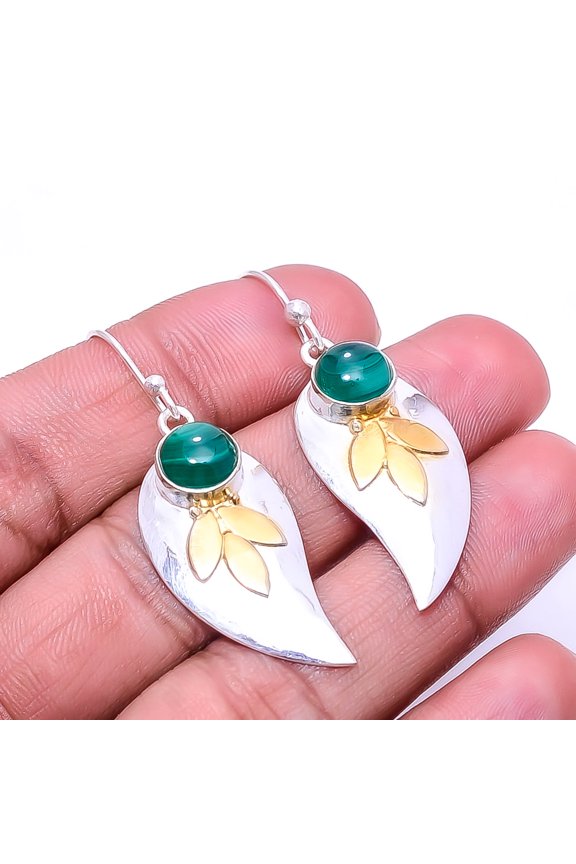Natural Malachite - Congo 925 Sterling Silver Two Tone Leaf Earring 1.95" E53, Handmade Jewelry, Dangle Earring