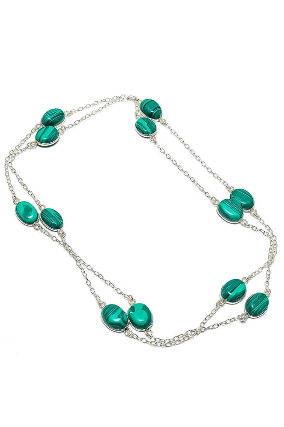 Natural Malachite Gemstone 925 Sterling Silver Jewelry Necklace 36"