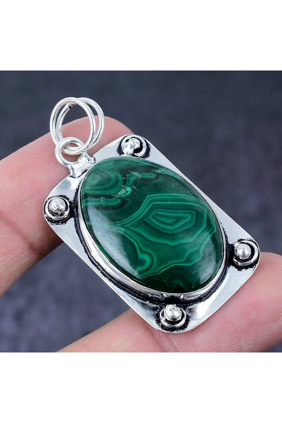 Natural Malachite Gemstone Handmade 925 Sterling Silver Gift Pendant 2.01"