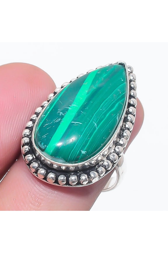 Natural Malachite Gemstone Handmade 925 Sterling Silver Jewelry Ring Size 7