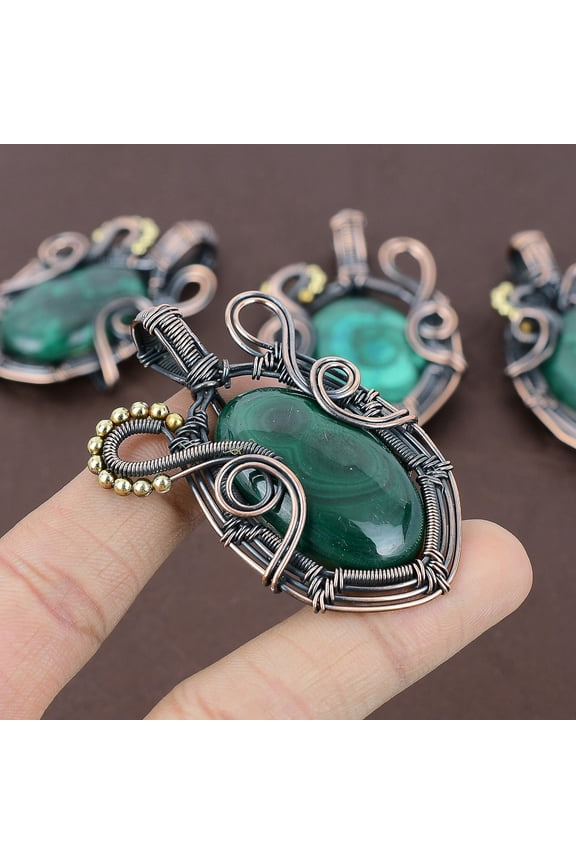 Natural Malachite Gemstone Handmade Copper Wire Wrap Gift Pendant 2.64"