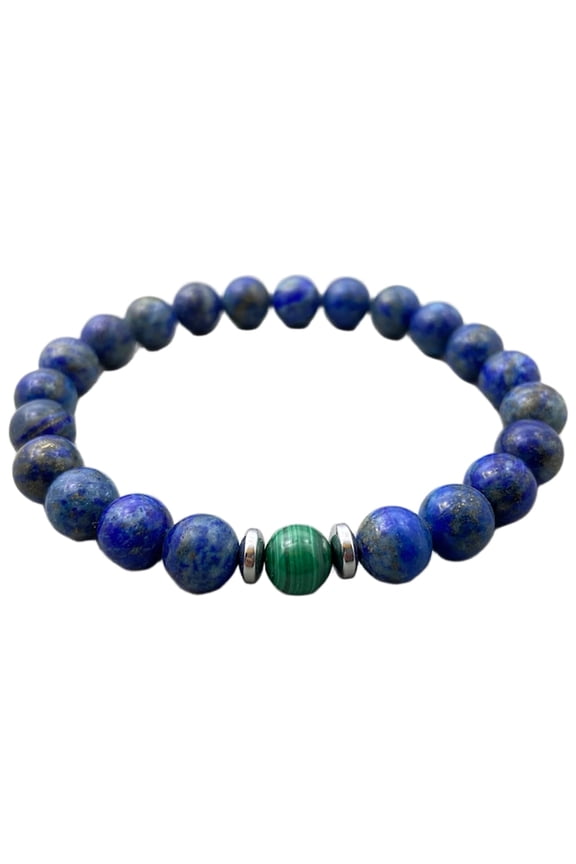 Natural Malachite & Lapis Lazuli 8mm Round Shape Smooth Cut Beads Stretchable Bracelet For Men & Women. Unisex Bracelet