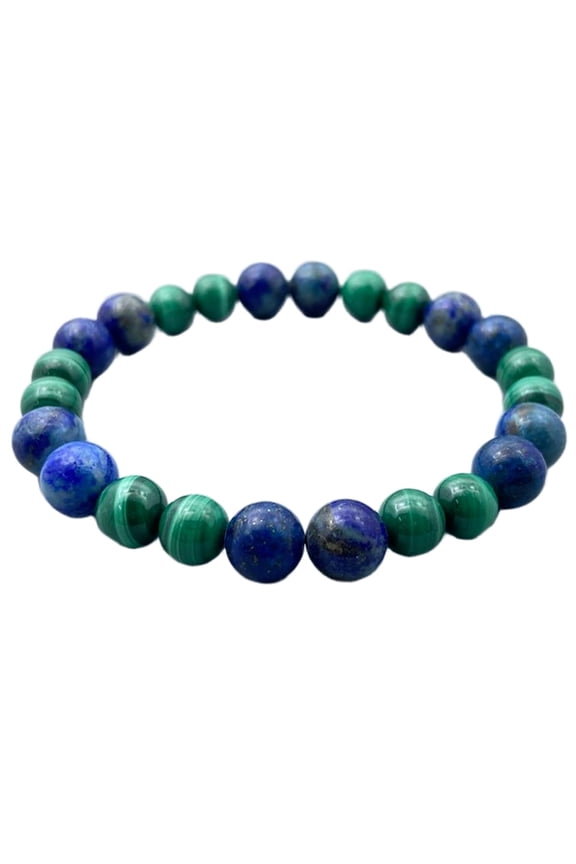Natural Malachite & Lapis Lazuli 8mm Round Shape Smooth Cut Beads Stretchable Bracelet For Men & Women. Unisex Bracelet