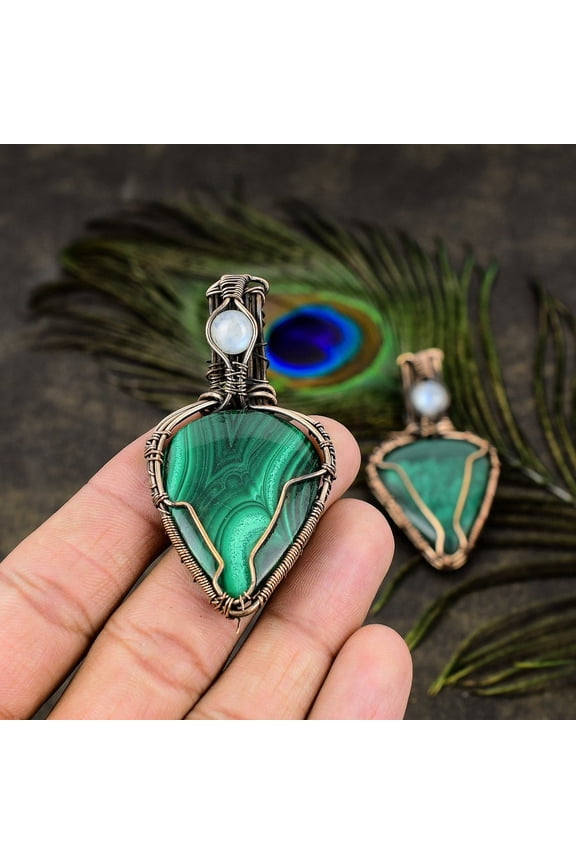 Natural Malachite, Moonstone Gemstone Copper Wire Wrap Pendant 2.56"