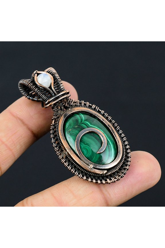 Natural Malachite,Moonstone Stone Handmade Copper Wire Wrap Pendant 2.36"