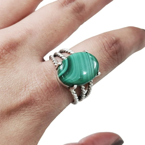 Natural Malachite Ring, Malachite Gemstone Ring, Birthstone, 3 Twisted Bohemian Band, 925 Sterling Silver, Womens Ring, Christmas, Thanksgiving, Handmade, Statement Jewelry, Natural Gemstone Ring