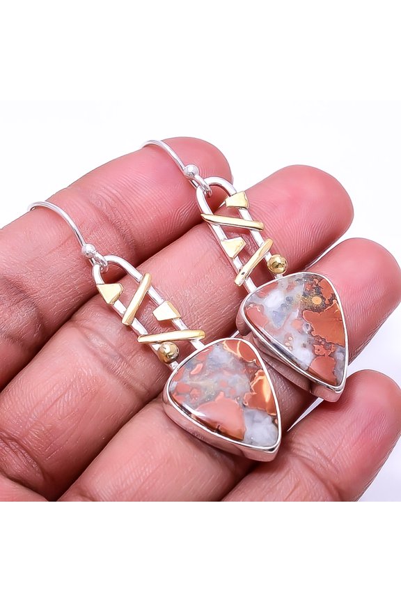 Natural Malingano Jasper 925 Silver Two Tone Earring 2.15" E40, Christmas Gift, Handmade Jewelry, Dangle Earring