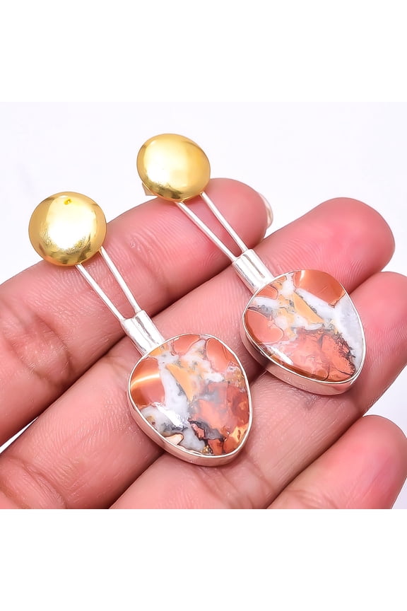 Natural Malingano Jasper 925 Sterling Silver Two Tone Earring 1.95" E1